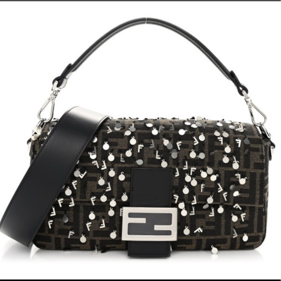 Fendi Handbags - Fendi Black and Brown Baguette Shoulder Bag with Silver Accents